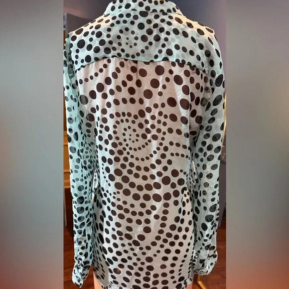 Aqua Black Polka Dot Sheer Blouse Hi Low Roll Tab Sleeve Small - Picture 3 of 7